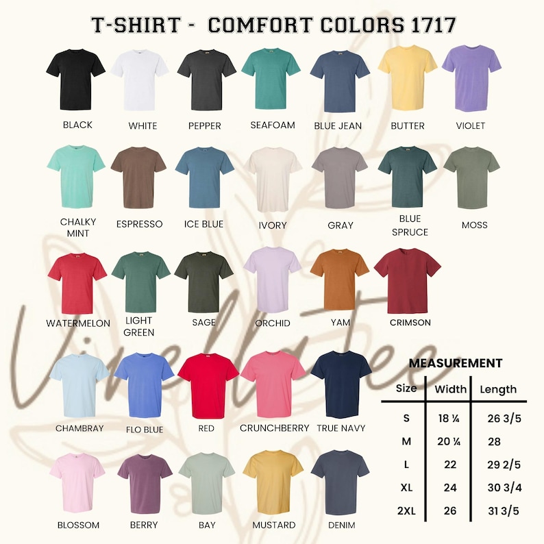 May include: A display of Comfort Colors 1717 t-shirts in various colors, including black, white, and red. The image includes a measurement chart with sizes ranging from S to 2XL, with widths from 18 1/4 inches to 26 inches and lengths from 26 3/5 inches to 31 3/5 inches.