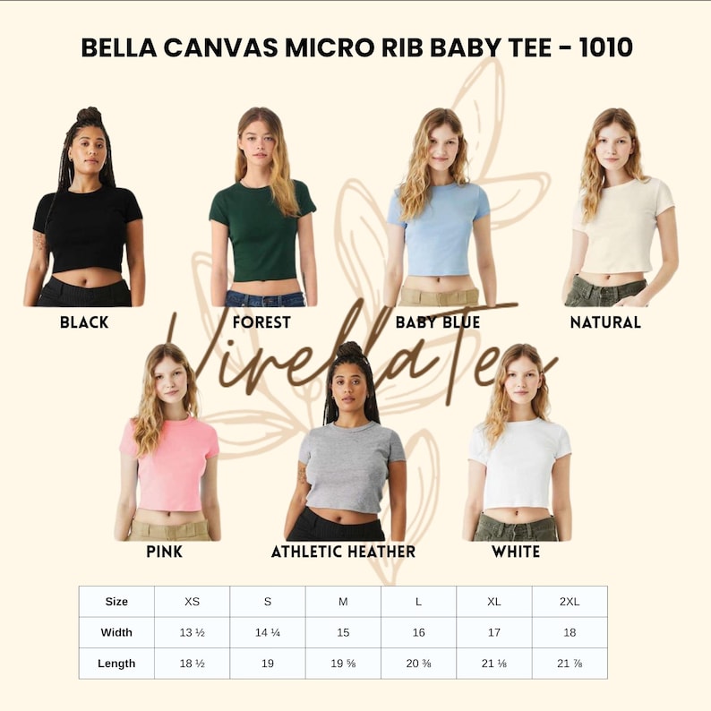Pode incluir: Imagem de camisetas Bella Canvas Micro Rib Baby Tee em v&aacute;rias cores: preto, verde floresta, azul beb&ecirc;, natural, rosa, cinza mescla e branco. A imagem inclui uma tabela de tamanhos com medidas em polegadas, equivalentes a cm.