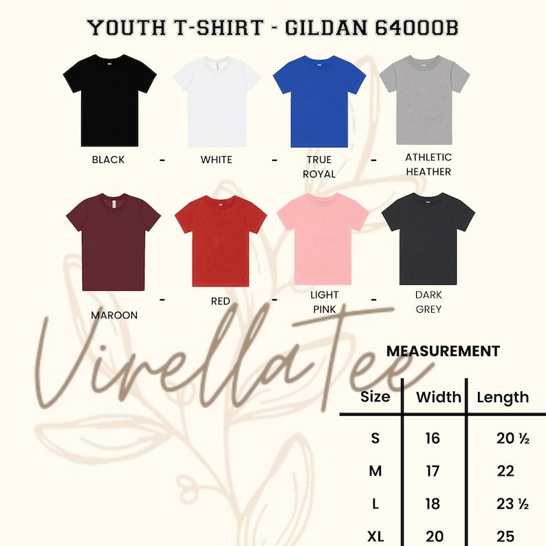 May include: A display of youth t-shirts in various colors, including black, white, true royal, athletic heather, maroon, red, light pink, and dark grey. The image includes a size chart with measurements in inches for width and length. The brand is Gildan 64000B.