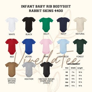May include: A selection of infant baby rib bodysuits in various colors, including white, black, red, and pink. The image displays the Rabbit Skins 4400 collection, with size and measurement details. The text "Vinetales" is also visible.