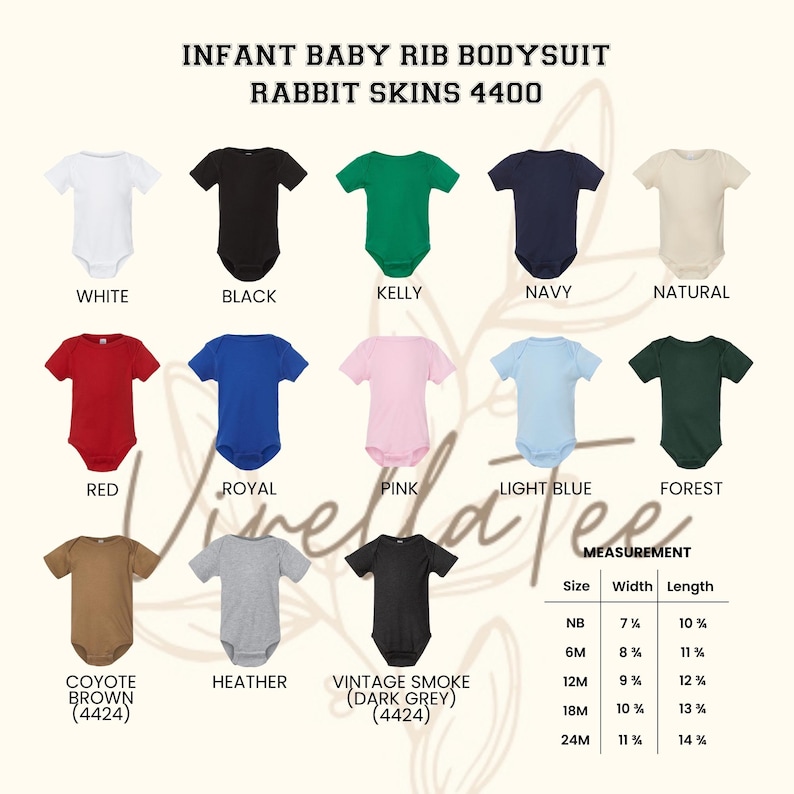 May include: A selection of infant baby rib bodysuits in various colors, including white, black, red, and pink. The image displays the Rabbit Skins 4400 collection, with size and measurement details. The text "Vinetales" is also visible.