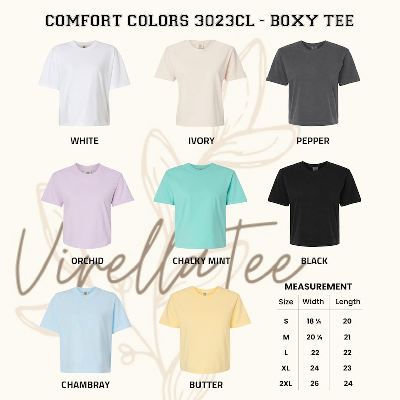 May include: A display of Comfort Colors 3023CL boxy tees in various colors: white, ivory, pepper, orchid, chalky mint, black, chambray, and butter. Measurements are provided for sizes S to 2XL, with widths ranging from 18 1/4 to 26 inches and lengths from 20 to 24 inches.