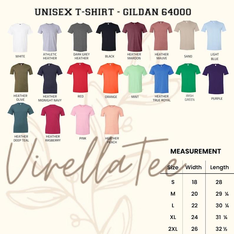 May include: A display of Gildan 64000 unisex t-shirts in various colors, including white, black, red, and blue. The image also shows a measurement chart with sizes ranging from S to 2XL, with width and length measurements in inches.