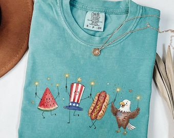 Camiseta Comfort Colors® con diseño patriótico, linda camiseta del 4 de julio, camiseta con águila y perrito caliente de sandía, camiseta retro americana, divertida camiseta del 250 aniversario del verano.