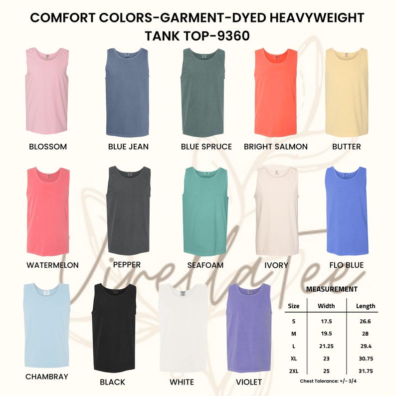 Pu&ograve; includere: Esposizione di canotte Comfort Colors, tinte in capo, di peso elevato, in vari colori, tra cui Blossom, Blue Jean e Bright Salmon. L'immagine include una tabella delle taglie con misure in cm e il testo "TANK TOP-9360".