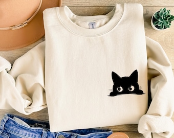 Cat Sweatshirt,Cute Cat Sweatshirt,Black Cat Shirt,Cat Peeking Sweatshirt,Womens Funny Sweatshirt,Gift for Cats Lover,Cat Mom Sweatshirt