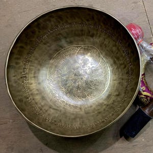 Green Tara Singing Bowl: 13&quot; Mantra Carved Chakra Bowl, Handcrafted in Nepal
