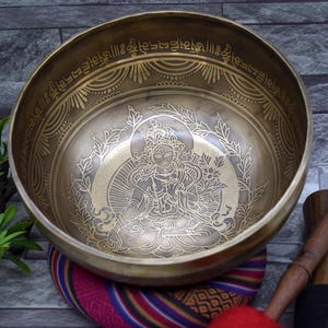 Green Tara Singing Bowl: 10 inch Chakra Healing Bowl with Flower of Life