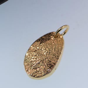 May include: A gold-toned oval pendant featuring a highly textured, cratered surface and a smooth, polished edge. The pendant includes a small, circular jump ring attached to the top, designed for threading onto a chain or cord for jewelry wear.