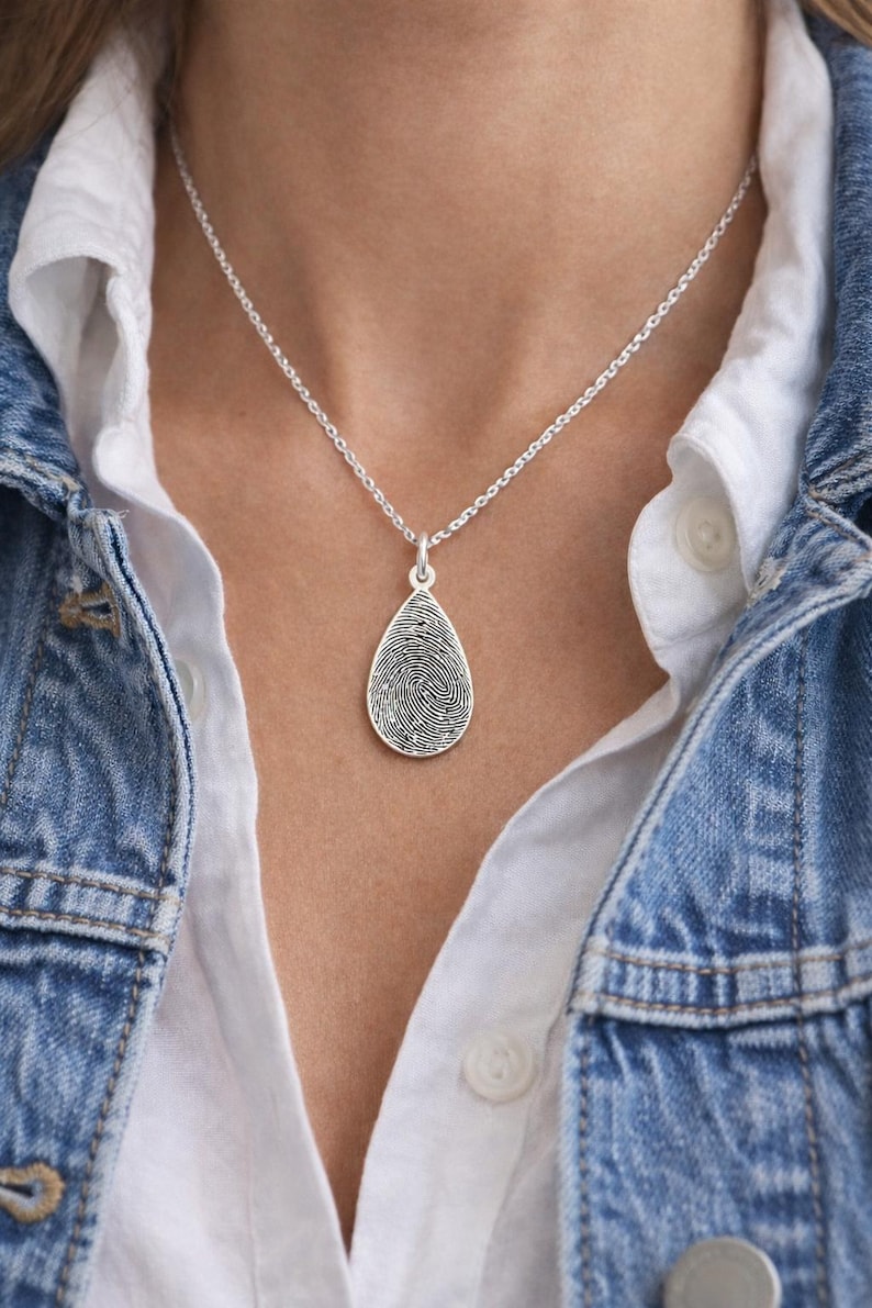 Teardrop Fingerprint Necklace • Dainty Fingerprint Pendant • Loved One's Fingerprints Jewelry • Memorial Gifts • Mother's Gift • image 1