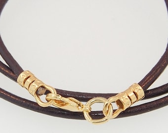 Leather Cord Necklace Gold Plated Over Silver Findings