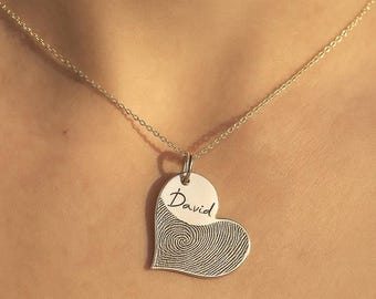 Heart Fingerprint Necklace • Dainty Fingerprint Pendant • Loved One's Fingerprints Jewelry • Memorial Gifts • Mother's Gift •