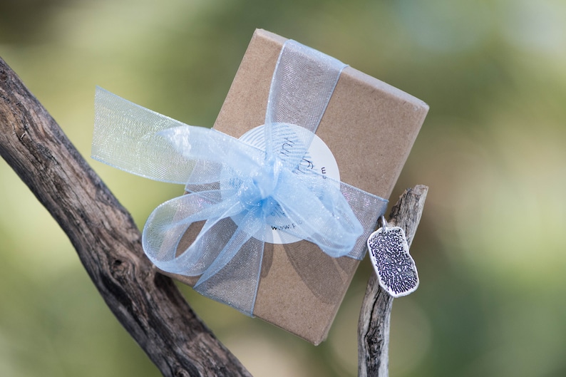 Peut inclure: Une petite bo&icirc;te cadeau marron attach&eacute;e avec un ruban bleu clair et une &eacute;tiquette assortie. Un pendentif en argent avec un motif textur&eacute; est suspendu &agrave; proximit&eacute;. Les articles sont pr&eacute;sent&eacute;s sur une branche vieillie sur un fond vert flou.