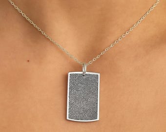 Dog Tag Style Fingerprint Pendant • Loved One's Fingerprints Jewelry • Memorial Gifts • Father's Gift • Men's Pendant • Sterling Silver