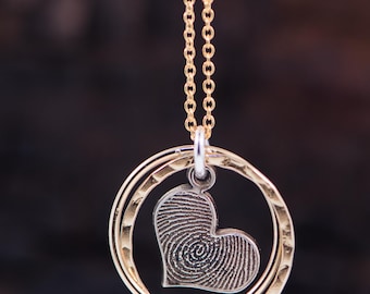 Tiny Heart Fingerprint Pendant In Halo • Dainty Fingerprint Charm • Loved One's Fingerprints Jewelry • Memorial Gifts • Mother's Gift •