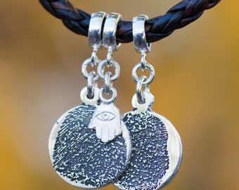 Circle FingerPrint Silver Charms on Leather Bracelet.