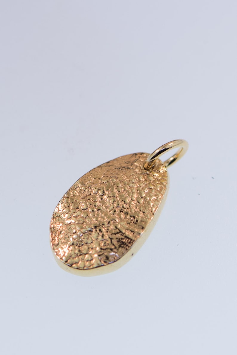 May include: A gold-toned oval pendant featuring a highly textured, hammered surface with an irregular, cratered appearance. The pendant includes a small, smooth circular jump ring attached at the top, designed for threading onto a chain or cord.
