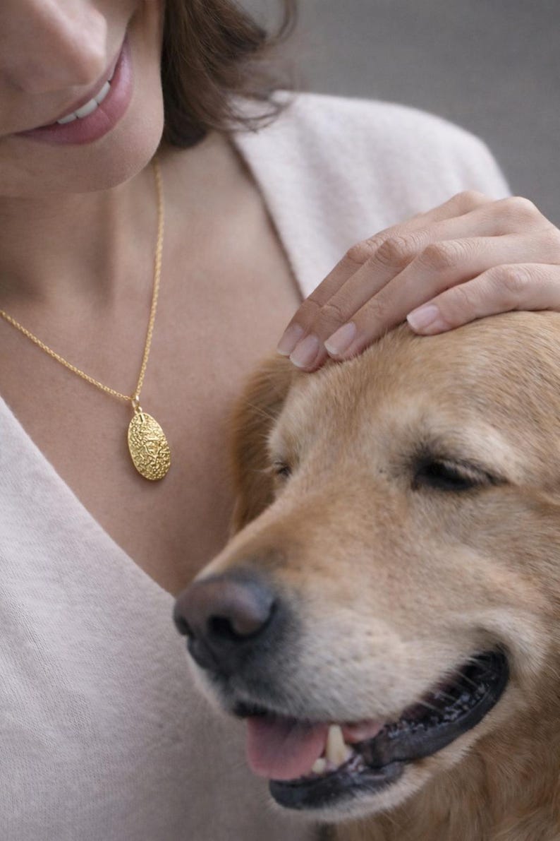May include: A gold-toned necklace featuring a delicate chain and an oval-shaped pendant with a textured, embossed surface. The pendant hangs centrally, displaying a detailed, intricate pattern across its entire front face, suspended from a thin, polished gold-colored metal chain.