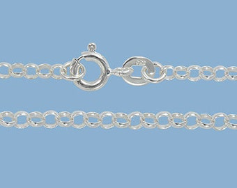 May include: A silver chain necklace with a lobster clasp. The chain is made of small, round links.
