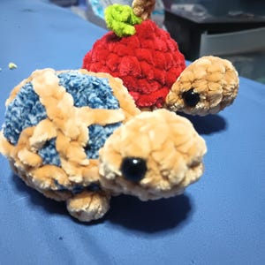 May include: Handmade plush turtle with a blue and tan shell, a tan head, and black eyes. A red plush apple with green leaves and a brown stem sits behind the turtle. The toys are made of soft, textured fabric.