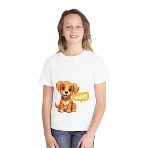 Youth Dog Lover Tee, Cute Puppy Shirt, Kids Animal T-shirt, Woof Graphic Tee, Birthday Gift for Kids, Pet Lover Apparel
