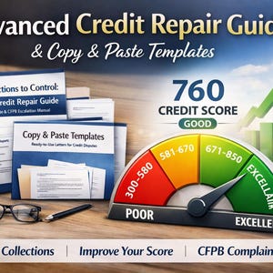 May include: Image promoting credit repair with the text "Advanced Credit Repair Guide & Copy & Paste Templates." Includes guides, templates, a credit score gauge showing a 760 score, and the phrases "Dispute Collections," "Improve Your Score," and "CFPB Complaint Help."
