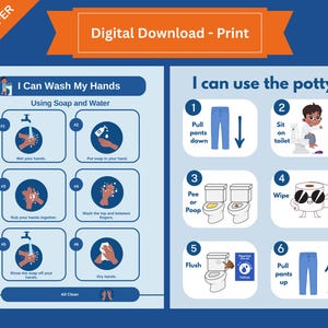May include: A blue and white digital print with instructions for washing hands and using the potty. The "I Can Wash My Hands" section shows steps with soap and water. The "I can use the potty" section shows steps for using the toilet.