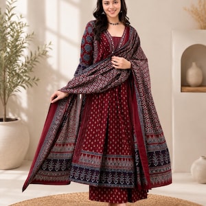 Kurta-set met handbedrukte blokdruk | Indiase rayon salwar kameez met dupatta