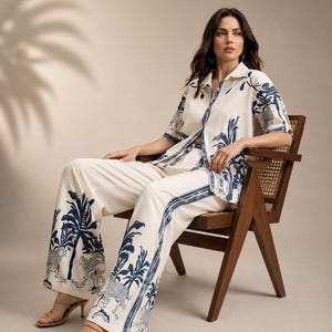 Conjunto de salón de rayón beige y azul hecho a mano / Camisa asimétrica y pantalón de pierna ancha