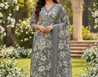 Embroidered Cotton Kurti Pant Dupatta Set, Floral Print Salwar Kameez