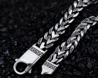 925 Sterling Silver Fishbone Chain Bracelet | Men's Vintage Gothic