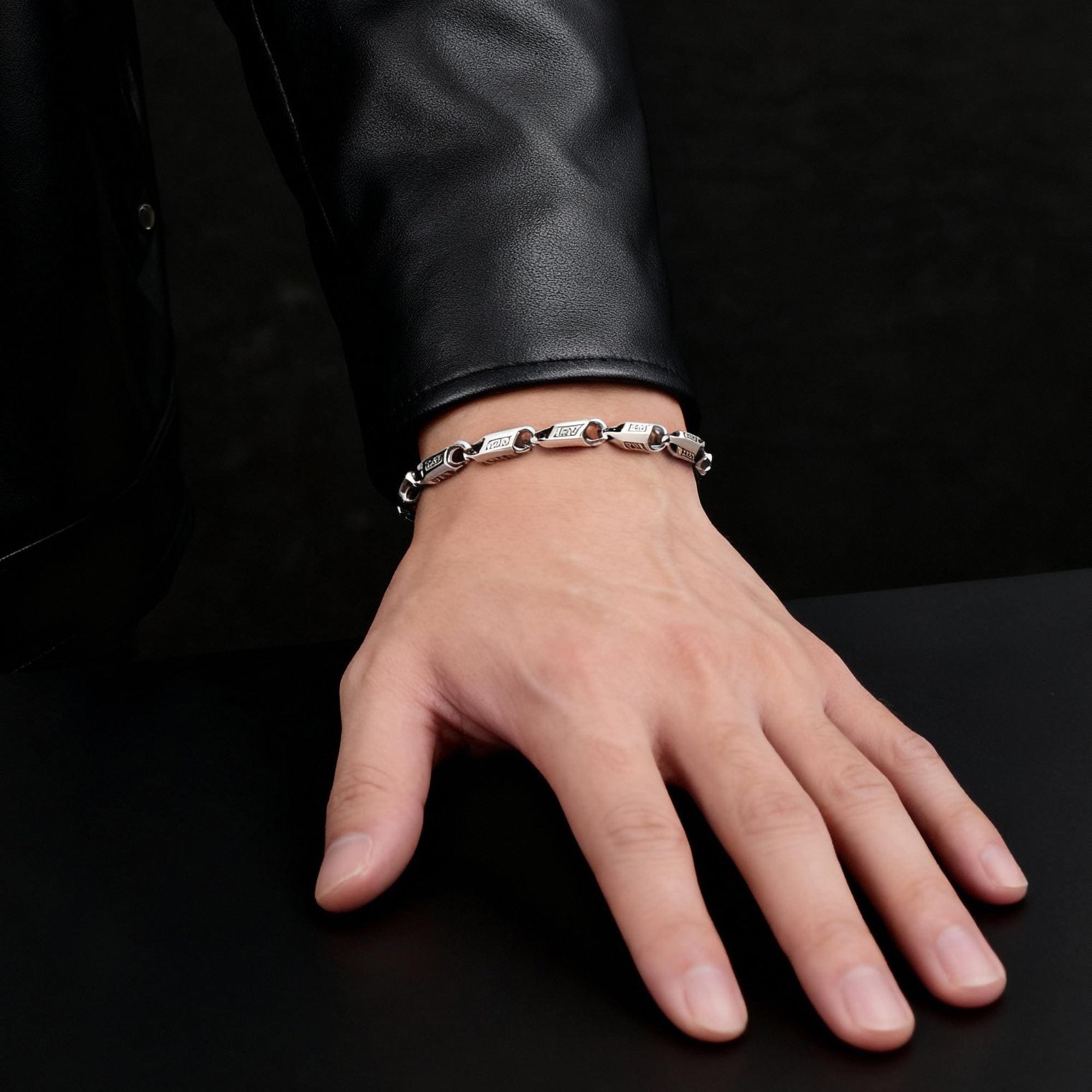 925スターリングシルバー製幾何学模様チェーンブレスレット｜メンズ