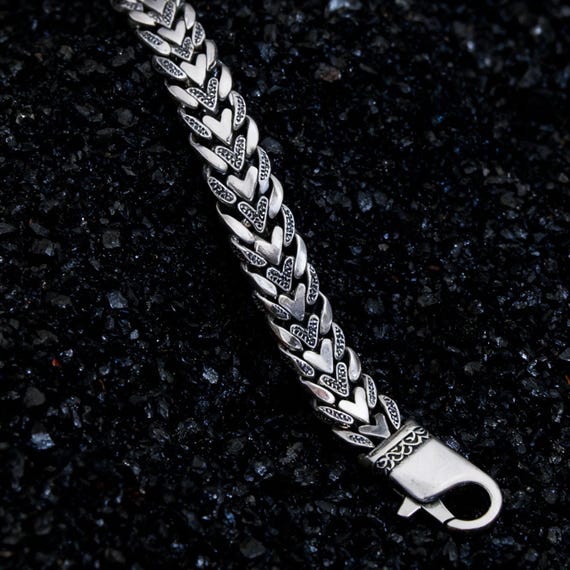 925 Sterling Silver Fishbone Chain Bracelet | Men's Vintage Gothic