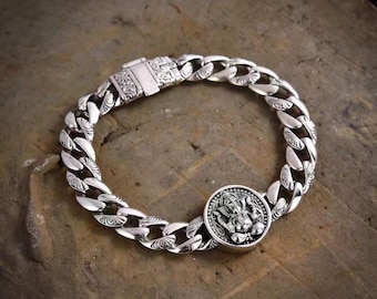 Sterling Silver Ganesha Bracelet: Vintage Curb Chain, Hindu God Jewelry