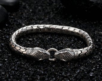 925 Sterling Silver Snake Bracelet | Viking Double Head Serpent