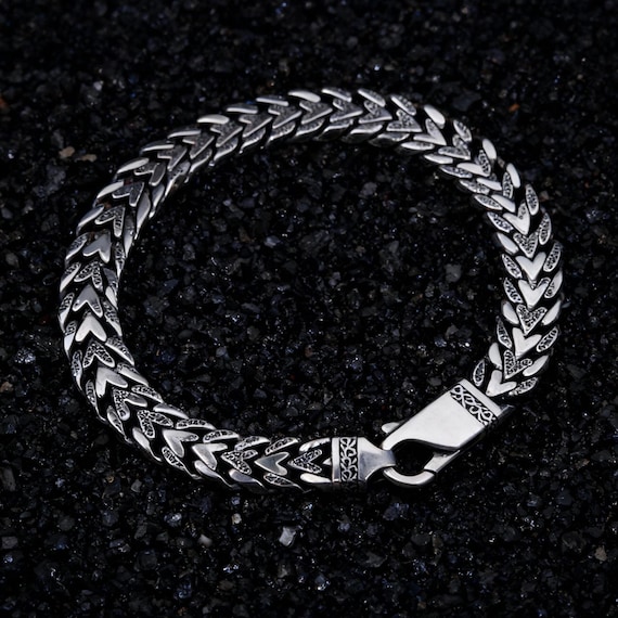 925 Sterling Silver Fishbone Chain Bracelet | Men's Vintage Gothic