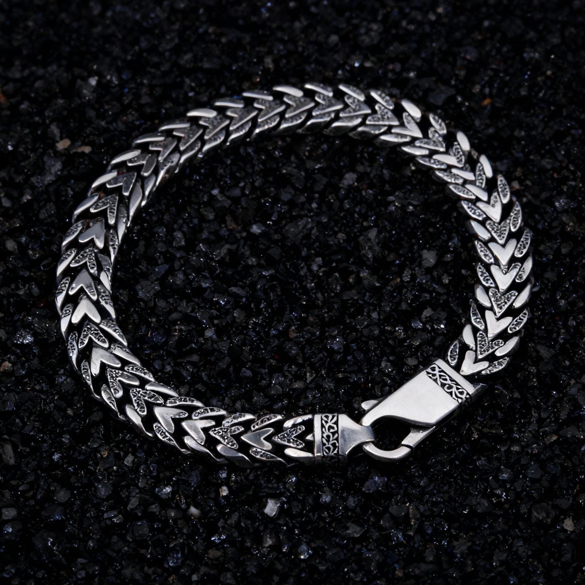 925 Sterling Silver Fishbone Chain Bracelet | Men's Vintage Gothic