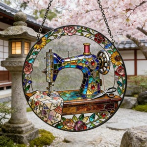 May include: A stained glass window featuring a sewing machine design. The circular window is framed with colorful flowers and foliage. The sewing machine is detailed with various colors and a spool of red thread. A pair of scissors rests on the table.