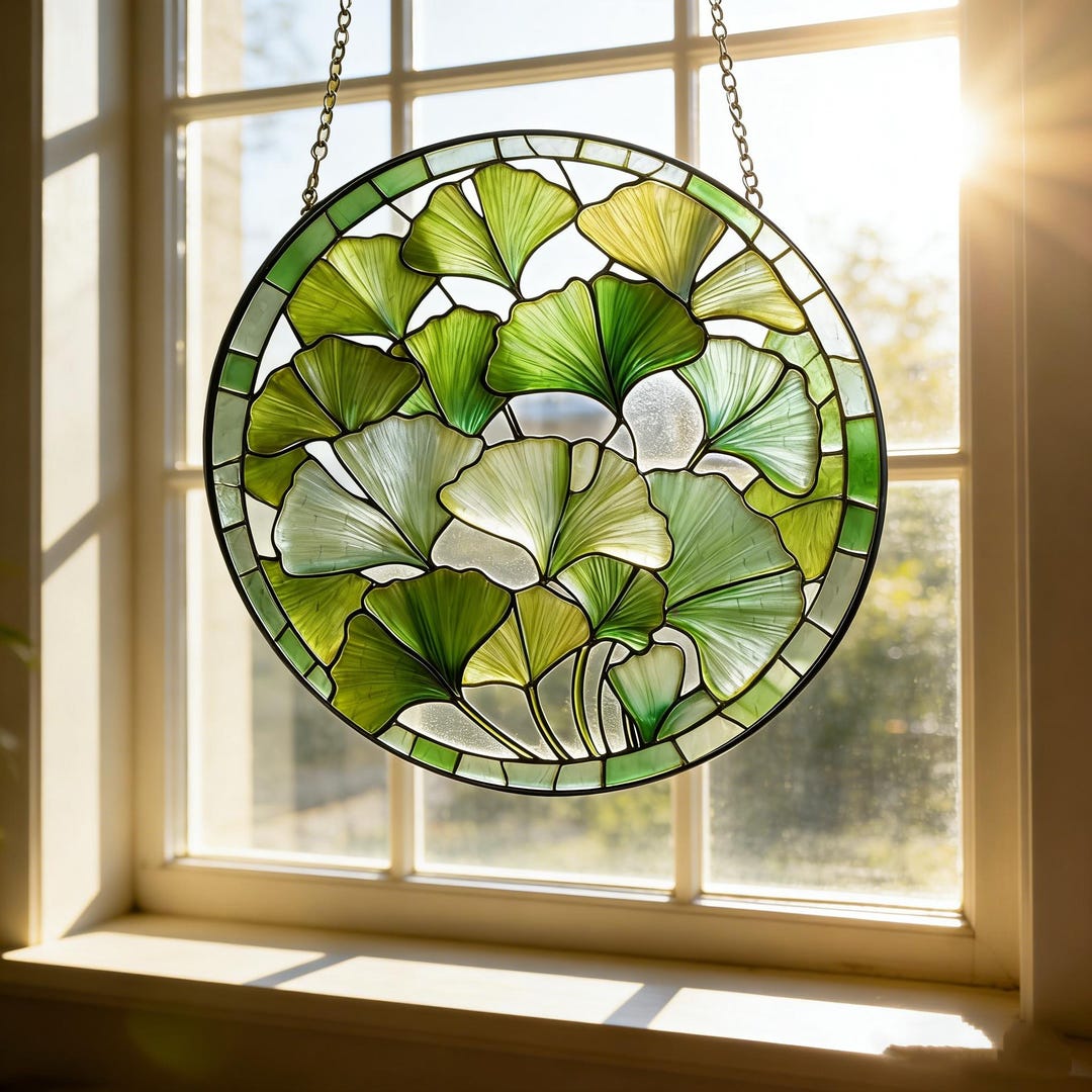 Gingko Window Round Ginkgo Leaf Stained Glass Suncatcher, Ginkgo Window Hanging ...