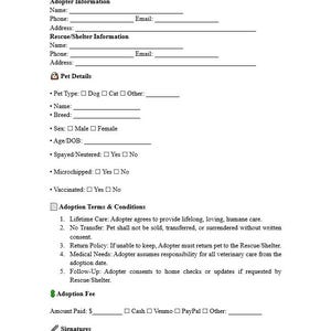 1-Page Printable Pet Adoption Agreement Template | Dog Cat Shelter Rehoming Contract | Editable Word Instant Download