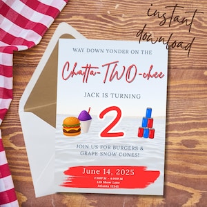 Invitación para el segundo cumpleaños de Chatta-TWO-chee: Música country (Plantilla Canva - Descarga digital)