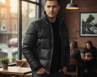 Giubbotto imbottito in vera pelle da uomo / Cappotto bomber con collo in montone