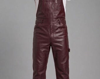Mono de cuero genuino burdeos para hombre, hecho a mano, con peto, estilo motero, pantalones de trabajo para moteros, mono de cuero vintage.