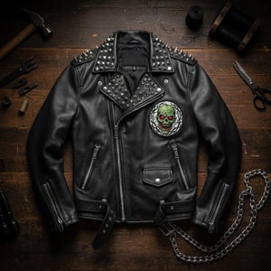 Handmade Studded Leather Biker Jacket – Embroidered Zombie Design
