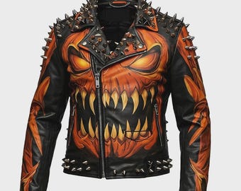 Men's Black Orange Horror Halloween Leather Jacket, Handmade