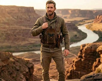 Handmade Brown Canvas Bushcraft Harness | Adjustable Hunting Gear Organizer | Unisex Outdoor Utility Chest Rig