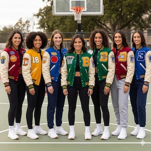 Puede incluir: Un grupo de siete personas con chaquetas universitarias de varios colores, incluyendo rojo, amarillo, azul y verde. Cada chaqueta presenta un número o letra diferente, con mangas blancas y puños acanalados. Están de pie en una cancha de baloncesto, con un aro visible al fondo.