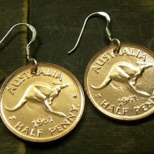 Australian Kangaroo Coin Earrings - Australia Half Penny - sterling silver hooks - Various Years