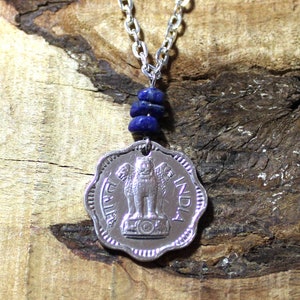 Ashoka Lion Coin Necklace + Blue Lapis Lazuli Gemstone Beads - India - 1957 - Silver Charm #N499