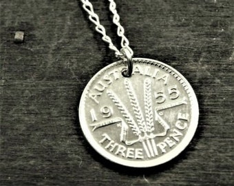 Australian Silver Threepence Coin Necklace + 60cm Sterling Chain - Various Years - 60th 70th Birthday